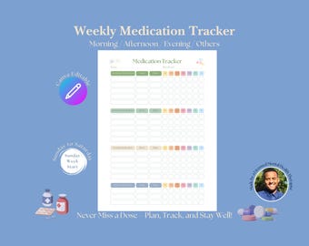 Könnte beinhalten: Druckbarer wöchentlicher Medikamenten-Tracker mit einem Pastellfarbschema. Der Tracker enthält Abschnitte für Medikamente am Morgen, Nachmittag, Abend und andere. Der Text "Nie eine Dosis verpassen Planen, verfolgen und gesund bleiben!" befindet sich am unteren Rand der Seite.