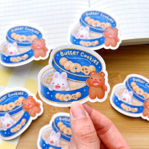 Sticker en boîte de biscuits au beurre | Fait main | Découpe | Vinyle | Holographique | Laminé | Imperméable | Résistant aux rayures | Kawaii | Papeterie