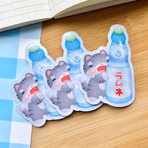 Sticker chat ramune | Fait main | Découpe | Vinyle | Holographique | Laminé | Imperméable | Résistant aux rayures | Kawaii | Papeterie