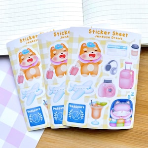 Feuille d'autocollants de voyage de vacances | Fait main | Mat | Vinyle | Kawaii | Papeterie | déco | Polco | Shiba-inu | Bujo