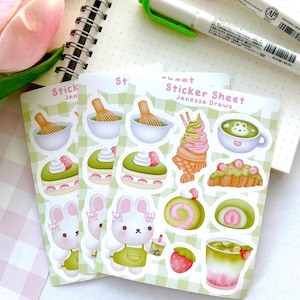 Feuille d'autocollants Matcha fraise | Fait main | | Mat | Vinyle | Kawaii | Papeterie | déco | Polco | Bujo | Revue | Correspondant | Agenda | Cadeau