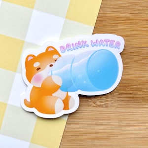 Boire de l'eau autocollant | Fait main | Découpe | Brillant | Vinyle | Laminé | Imperméable | Résistant aux rayures | Kawaii | Papeterie