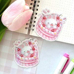 Sticker mignon gâteau lapin | Fait main | Découpe | Vinyle | Holographique | Laminé | Imperméable | Résistant aux rayures | Kawaii | Papeterie