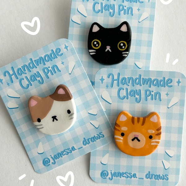 Cute Handmade Cat Clay Pins | Polymer Clay | Hand Sculpted | Hand Painted | Resin | Brooch