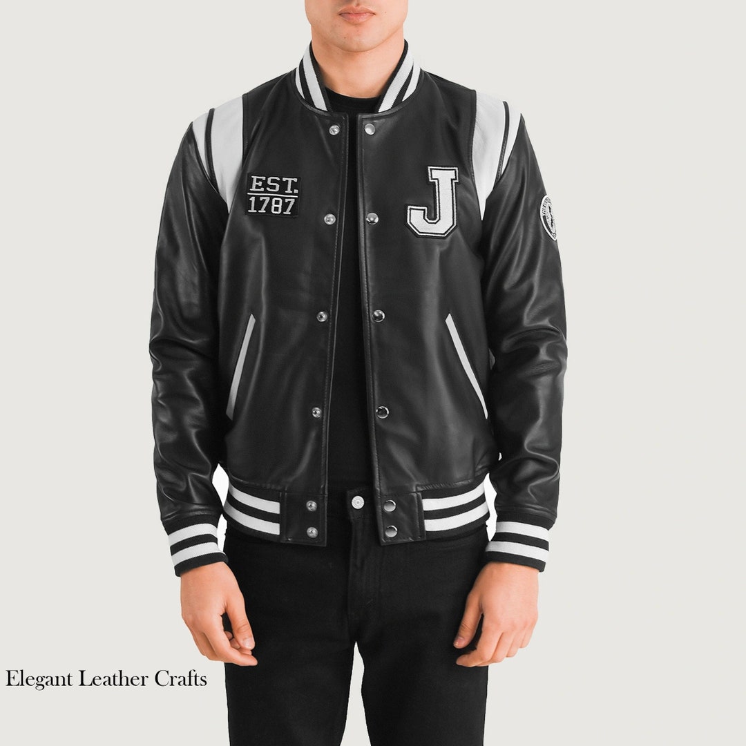Mens Varsity Letterman Jacket with Leather Sleeves - Wool College