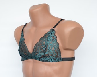 Mens Bra Lace Teal, Sissy Bra for Men Triangle, Lingerie for Men Bralette, Exotic Mens Lingerie Femboy, Gay Underwear Gift Plus Size S-4XL