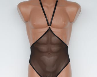 Black sissy sheer mesh bodysuit with open access for men