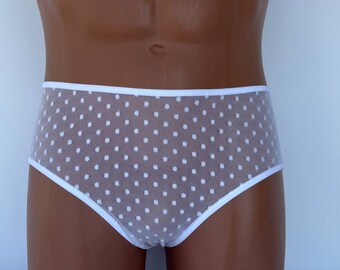 White Sheer Mesh Men's Panties, Polka Dot Underwear
