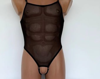 Sheer See-Through Bodysuit with Open Access for Men
