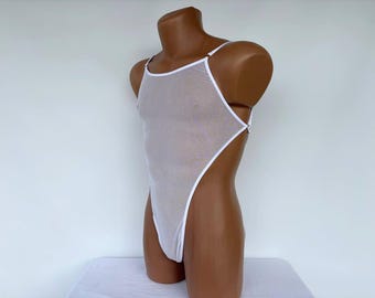 Sheer Mesh Men's Bodysuit, Thong Cut