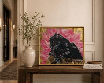 Pintura de Pantera Negra em Tela com Moldura, Arte de Parede Moderna, Impressão de Vida Selvagem para Decoração de Quarto de Adolescente, Dormitório Universitário, Escritório em Casa, Arte com Gatos