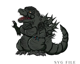 Puede incluir: Ilustración de dibujos animados de Godzilla en tonos grises, con aletas dorsales afiladas y una expresión amenazante. El monstruo sostiene una pequeña figura. El texto "SVG FILE" está en la parte inferior.