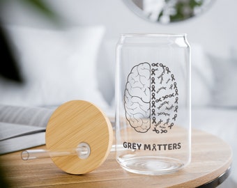 Gray Matters 16 Oz Glasbecher mit Deckel und Strohhalm, Brain Tumor Awareness, Cancer Warrior, Cancer Ribbon Eiskaffeetasse, Go grey in May,