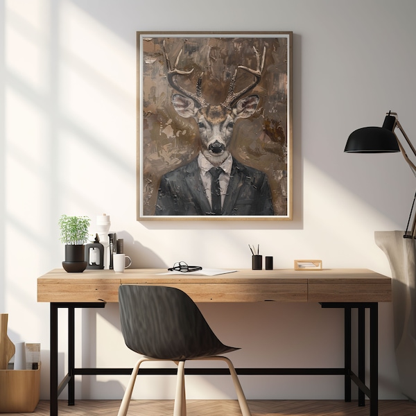 The Gentleman Stag | Whimsical Deer in Suit | Distinguished Animal Portrait | Surreal Wildlife Art | Contemporary Fauna Fashion Print