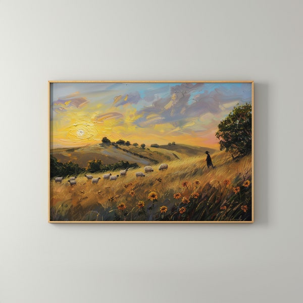 Shepherds Sunrise | Shepherd with Flock at Dawn | Golden Morning Light | Textured Countryside Art | Rural Dawn Painting