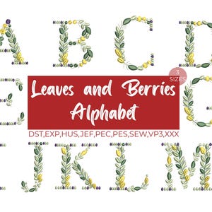 Archivo de bordado a máquina de hojas y bayas, diseños de bordado de alfabetos, diseño digital de alfabetos con letras mayúsculas, fuente floral, descargar ahora