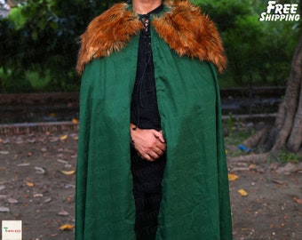 Viking Wizard Fur Cape Cloak, Medieval Renaissance Ranger Cloak, Ren Faire Pirate Cosplay Costume, Vampire Gothic Cosplay Cloak with Hood