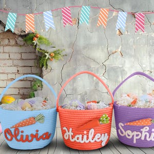 Personalisierter Osterkorb, Benutzerdefinierte Hase Karotte Korb mit Kinder Namen, Babys erstes Ostergeschenk, Junge Mädchen Seil Korb, Osterdekorkorb