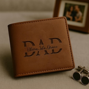 Engraved DAD Wallet with Kid’s Names, Custom Leather Wallet for Men, Father's Day Gift for Dad