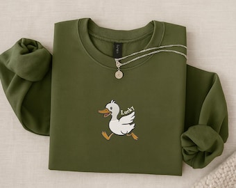 Sweatshirt geborduurde eend, Lucky Duck-sweater met ronde hals, shirt wilde eend, cadeau dierenliefhebber, Silly Goose-T-shirt, hoodie geborduurde eend