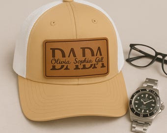 Personalized Dad Hat with Kids’ Names, Engraved Leather Patch Hat, Trucker Hat for Dad, Father’s Day Gift for Dad or Grandpa, Custom Hat