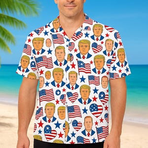 Camicia hawaiana di Trump, maglietta con bandiera americana, maglietta patriottica del 4 luglio, maglietta con cuore e bandiera degli Stati Uniti, completo per il giorno dell'indipendenza, maglietta estiva Aloha