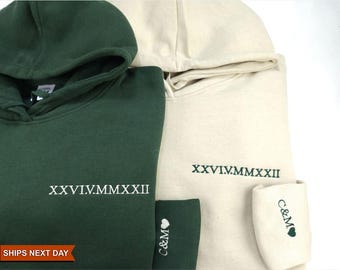 Roman Numeral Embroidered Matching Hoodie, Custom Date Couple Hoodies, Personalized Initials with Heart Sleeve Sweatshirt, Anniversary Gift