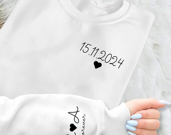 Personalized Couple Sweatshirt, Custom Date Hoodie with Initials Sleeve, Couple Matching Valentines Day Outfit, Wedding Anniversary Gift