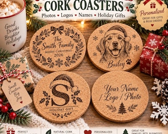 Personalized Christmas Cork Coasters, Custom Photo, Pet Portrait or Logo, Laser Engraved Gift