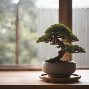 May include: A bonsai tree in a grey ceramic pot sits on a wooden saucer. The tree has a thick, twisted trunk and lush green foliage. The background features a window with a blurred view of greenery and a wooden sill.