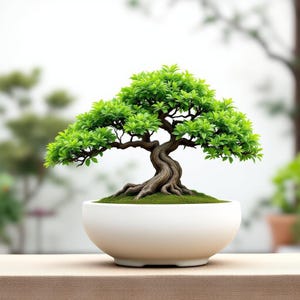 May include: A small bonsai tree with vibrant green leaves and a twisted brown trunk. The tree sits in a white, rounded ceramic pot. The background is blurred, suggesting an outdoor setting, and the tree is the focal point.