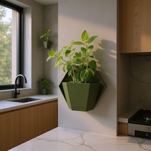 May include: A green, geometric wall planter with a plant inside, mounted on a light gray wall in a kitchen setting. The planter has a hexagonal shape and is filled with green leafy plants. Additional small planters are visible.