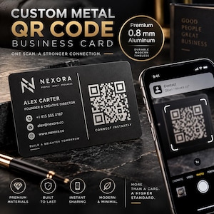 May include: A matte black 0.8 mm aluminum business card featuring the Nexora logo, the name Alex Carter, contact details, and a QR code. The card includes the text Connect Instantly and Build a Brighter Tomorrow, displayed alongside a smartphone.
