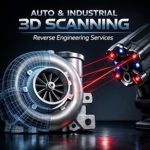 May include: An image showcasing auto and industrial 3D scanning services. A turbocharger is partially overlaid with a blue wireframe, while a scanning device emits red laser beams. The text "AUTO & INDUSTRIAL 3D SCANNING" is displayed.