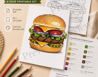 Gourmet Burger Color by Number Printable, Food Art Coloring Page (PDF Download)