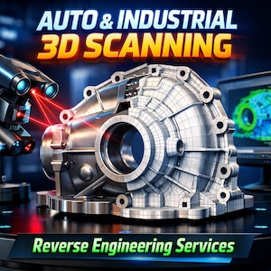 May include: Image showcasing auto and industrial 3D scanning services. A metallic component is being scanned by a robotic device emitting red laser beams. The text "AUTO & INDUSTRIAL 3D SCANNING" and "Reverse Engineering Services" are displayed.