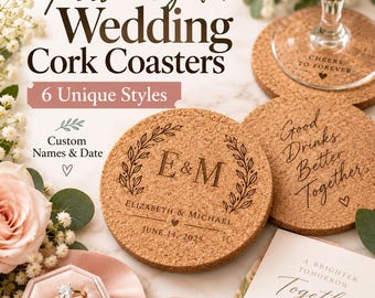 Personalized Wedding Cork Coasters, Custom Engraved Favors for Guests