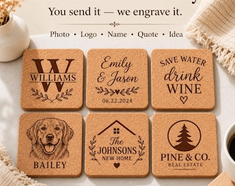 Personalized 4x4 Square Cork Coasters, Custom Photo, Logo, Name or Text, Laser Engraved Wedding, Business & Housewarming Gift