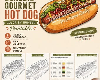 Gourmet Hot Dog Color by Number Printable, Food Art, Colored Pencil PDF (Digital Download)