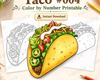 Taco Color by Number Printable, Adult Food Coloring Page, Mexican Kitchen Art (Instant Download)