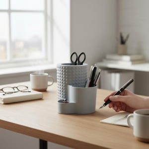 May include: A gray desk organizer with multiple compartments, holding pens, scissors, and small items. A hand is writing with a fountain pen on a notepad. A mug and a book with glasses are on the wooden desk.