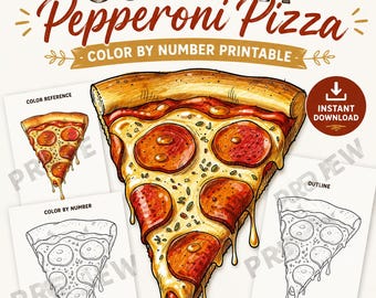 Gourmet Pepperoni Pizza Color by Number Printable, Adult Food Coloring Page (Digital Download)