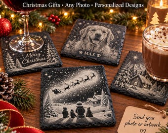Custom Photo Engraved Slate Coaster, Personalized Pet Portrait, Christmas Gift (Laser Engraved)