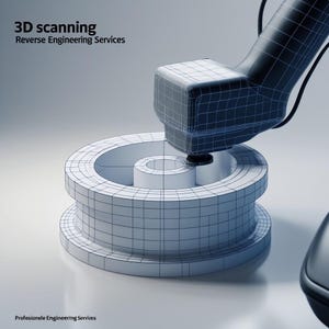 Op de afbeelding: Een 3D-scantoestel is gepositioneerd boven een wit, cilindrisch object. Het toestel en het object zijn bedekt met een draadframe raster. De tekst bovenaan luidt "3D scanning Reverse Engineering Services". De tekst onderaan luidt "Profesionele Engineering Services".