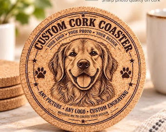 Custom Photo Cork Coasters, Pet Portrait or Business Logo, High Detail Laser Engraved