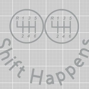 Op de afbeelding: Een grijs en wit grafisch ontwerp met twee schakelpatronen en de tekst "Shift Happens" in een gebogen boog.