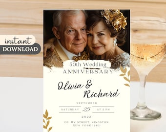 50th Wedding Anniversary Invitation, Editable Photo Card (Canva Template)