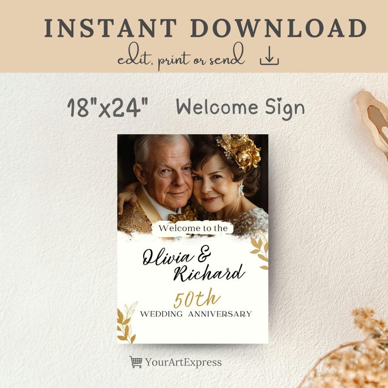 Puede incluir: Un cartel de bienvenida de 45,7 cm x 61 cm con una foto de una pareja mayor. El cartel es blanco con detalles dorados y dice "Bienvenido a Olivia & Richard 50 aniversario de boda".