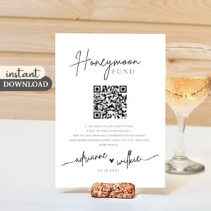 Bewerkbaar bord met QR-code huwelijksreisfonds, bord bruiloft huwelijksreisfonds, Venmo QR-code modern bruiloftbord, bewerkbare canvassjabloon