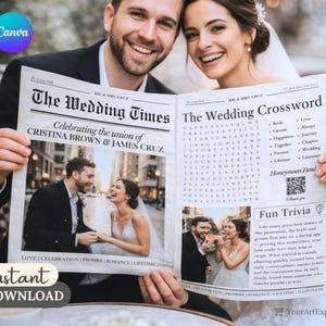 Może przedstawiać: Para trzyma ogłoszenie ślubne w stylu gazety zatytułowane "The Wedding Times". Ogłoszenie zawiera zdjęcia pary, krzyżówkę i ciekawostki ślubne. Widoczne są również słowa "natychmiastowe pobieranie".